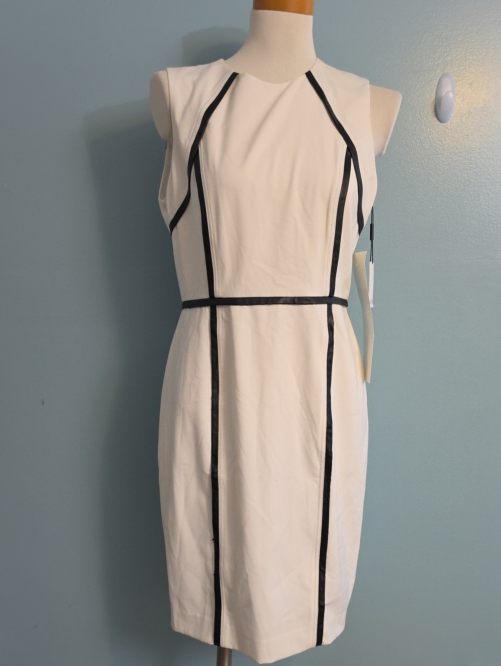 Calvin Klein White Midi Sheath Dress with Black Trim Sz 10